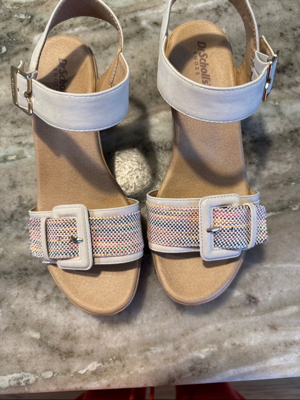 Dr. Scholl's Beige Wedge Sandals with Multicolor Woven Strap